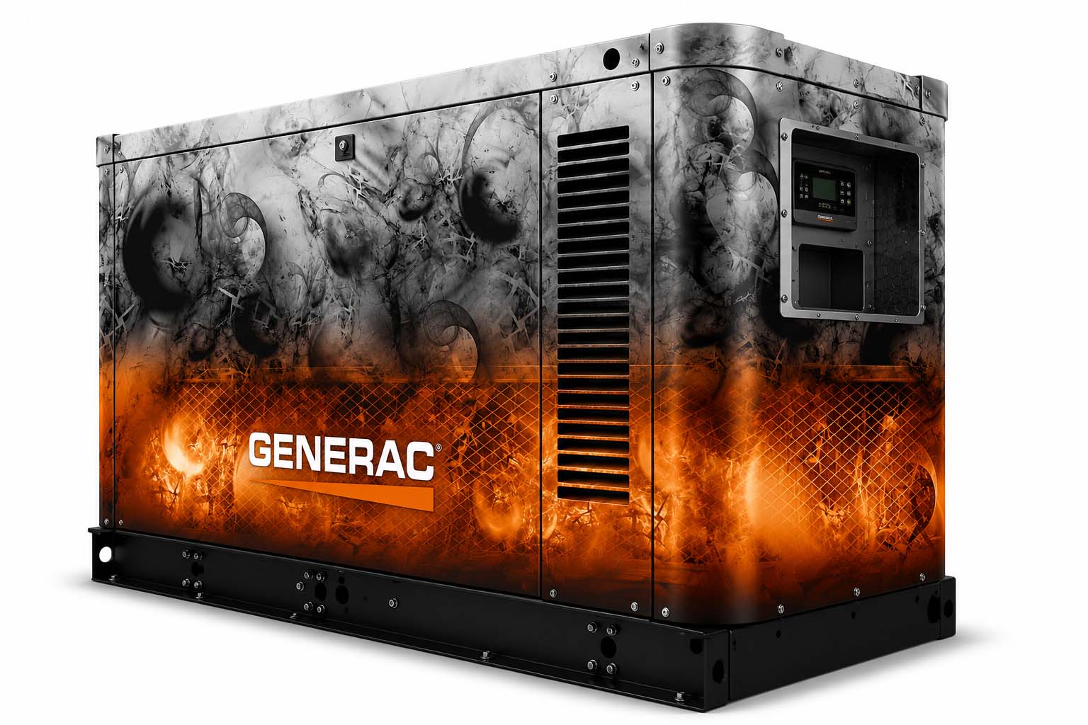 Black and orange industrial wrap on a stationary commercial generator rendered concept