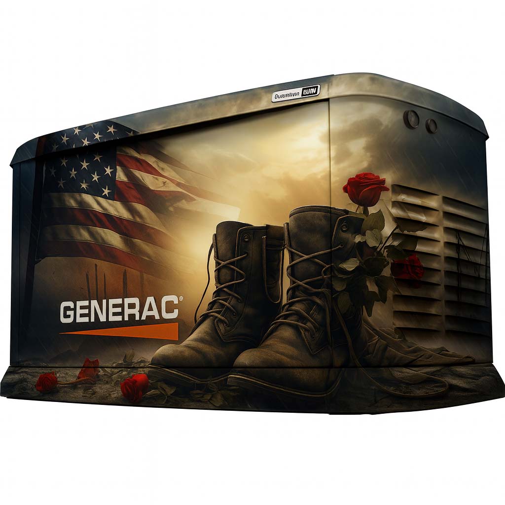 Custom patriotic graphic wrap shown on a generator