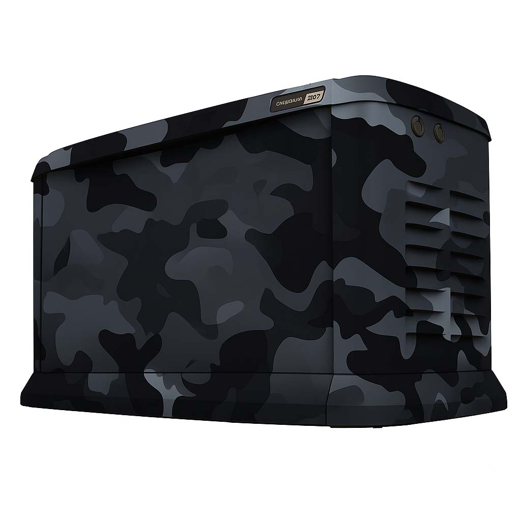 Black and gray camouflage wrap shown on a generator
