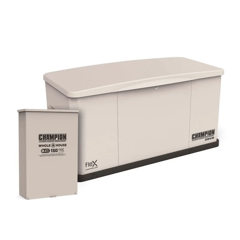 Champion fleX 26 kW generator 201244; pictured beside a 150A ATS / 201244 manufacturer reference