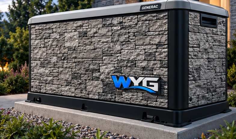 Stone-look wrap shown on a residential generator