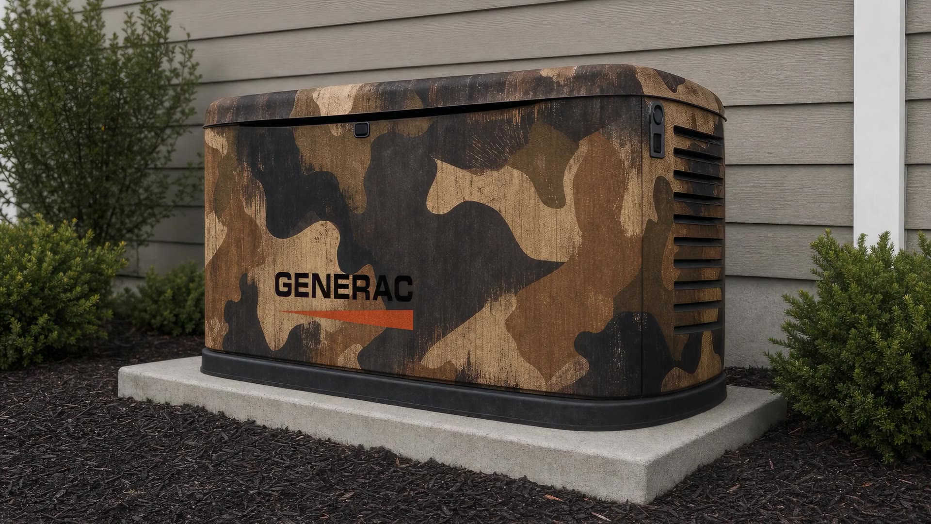AI-assisted concept showing a residential generator changing to a brown camouflage wrap and back.