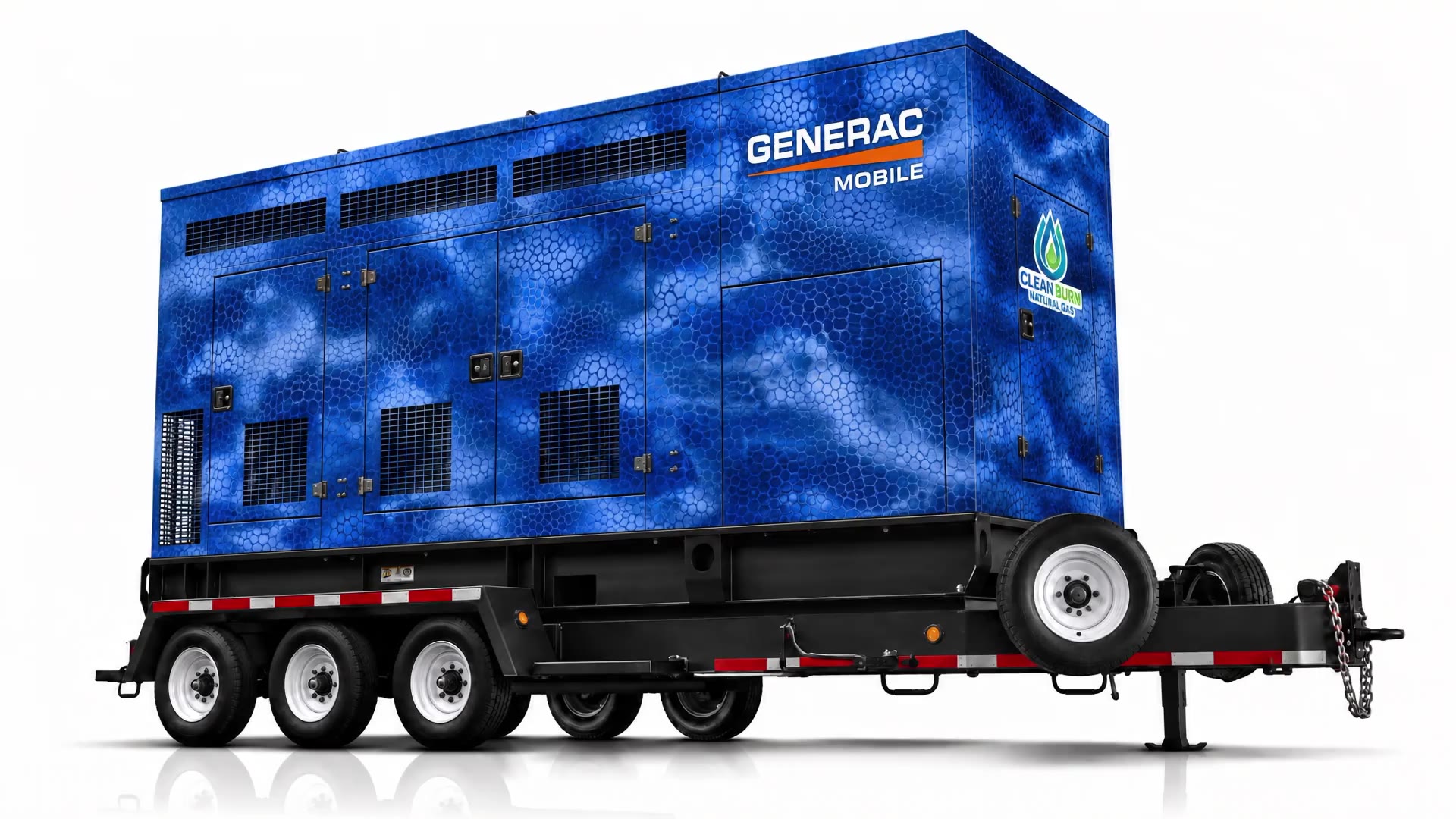 AI-assisted concept showing blue wrap graphics lifting away from a trailer-mounted commercial generator.