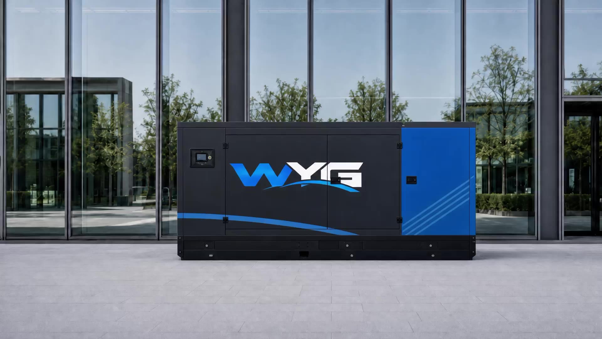 AI-assisted concept video approaching a blue and charcoal WYG branded stationary generator outside a glass-fronted commercial building.