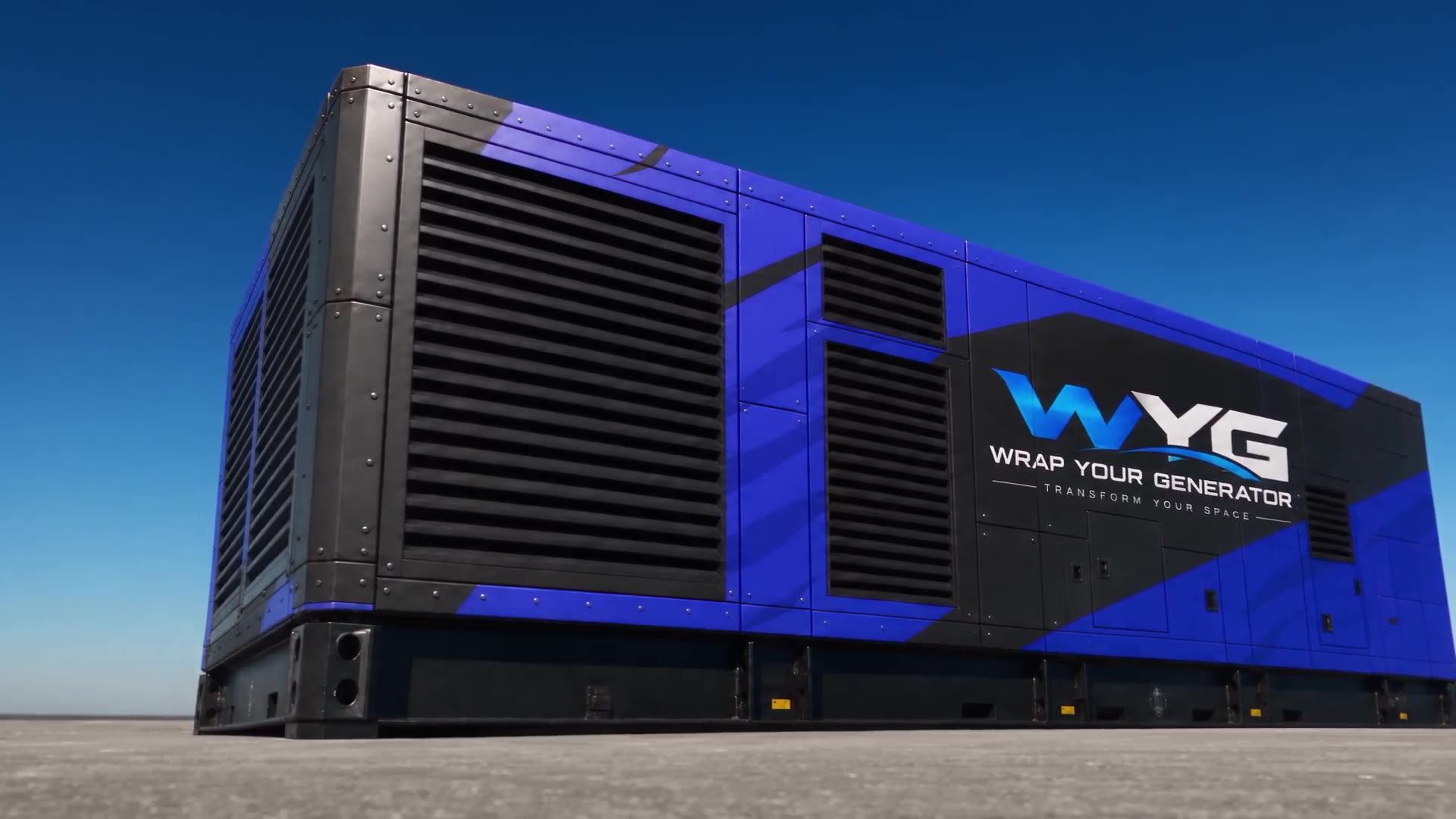 AI-assisted concept video moving around a large commercial generator with a blue and charcoal Wrap Your Generator branded wrap.