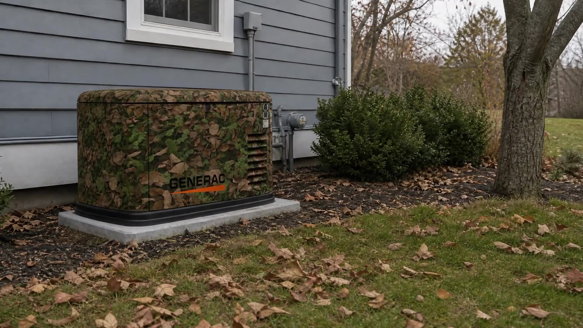 AI-assisted concept showing a residential generator changing to a woodland leaf wrap and back.